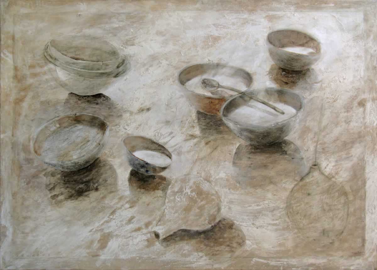 Bowls with 2 vases | 140x100cm | marbel powder, acryllic | 2012
